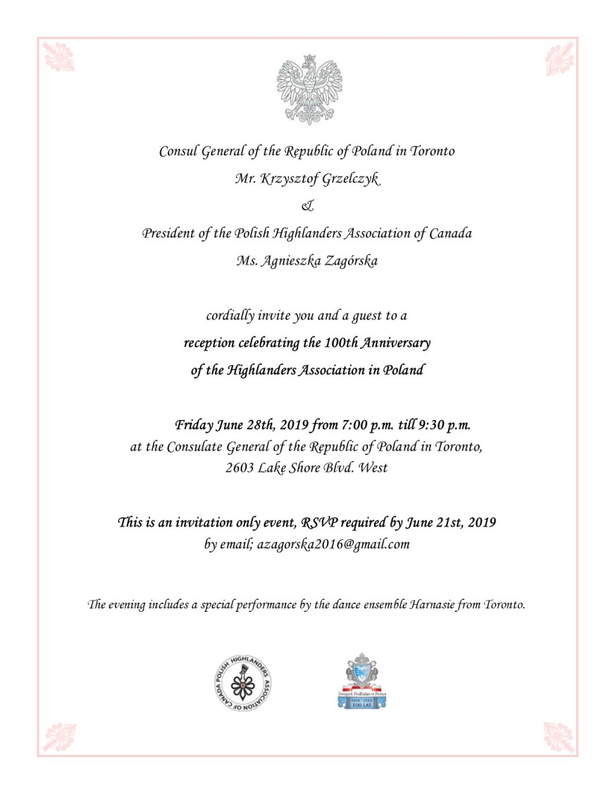 Invitation - Highlanders 100th Anniversary Reception - June 28, 2019